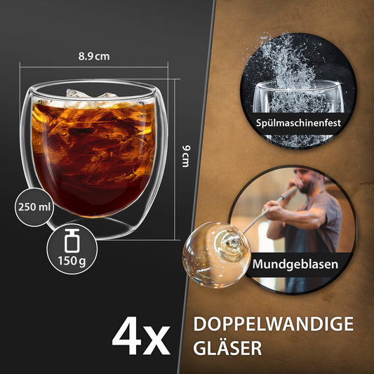 4x 250ml doppelwandige Latte Macchiato, Tee Gläser mit Schwebeeffekt