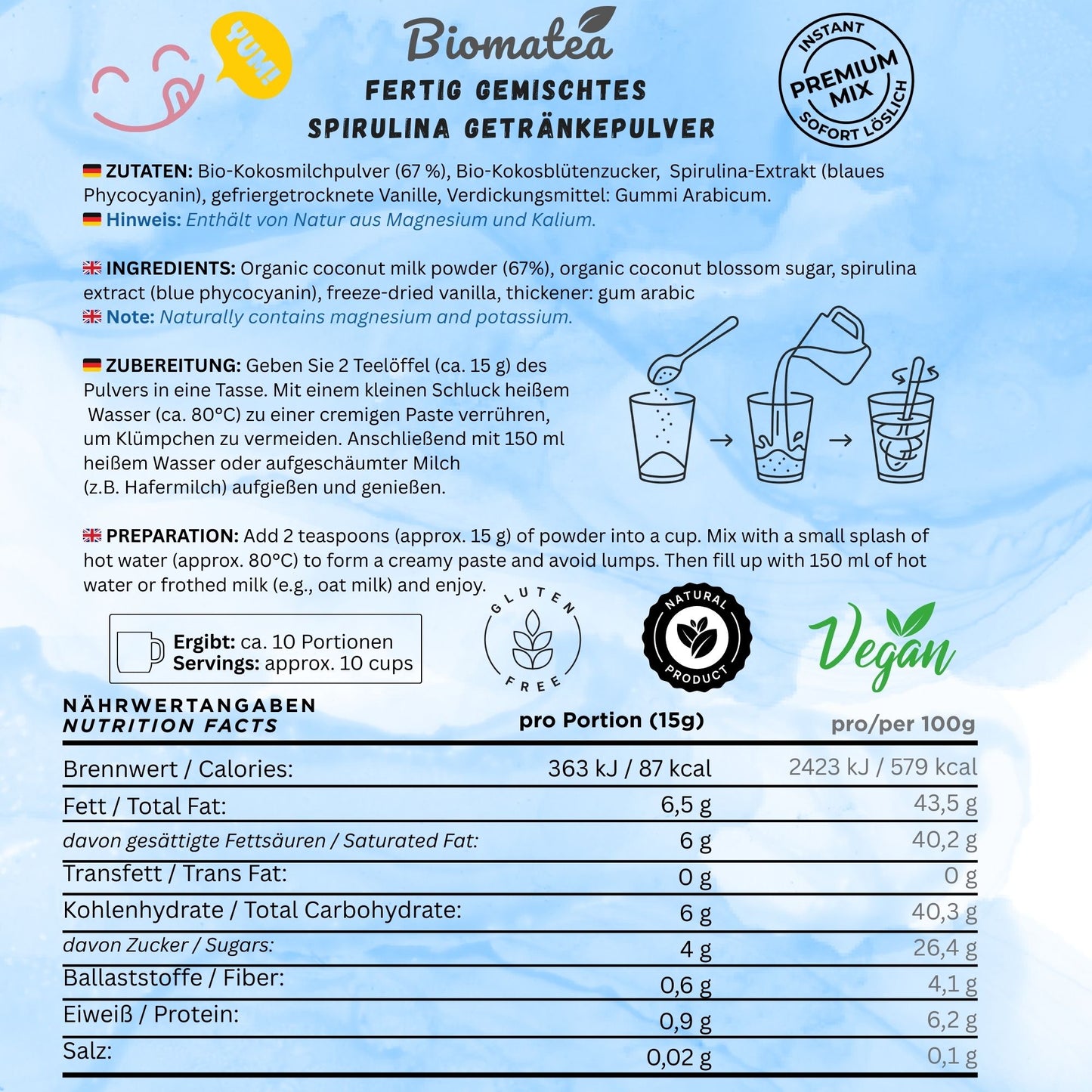 Blue Cloud Latte Pulver – Magischer Spirulina-Kokos Mix mit echter Vanille (150g)