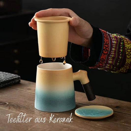 Keramik Teetasse mit Holzgriff | 360 ml Ozean-Design Becher | mit Keramik Teesieb & Deckel