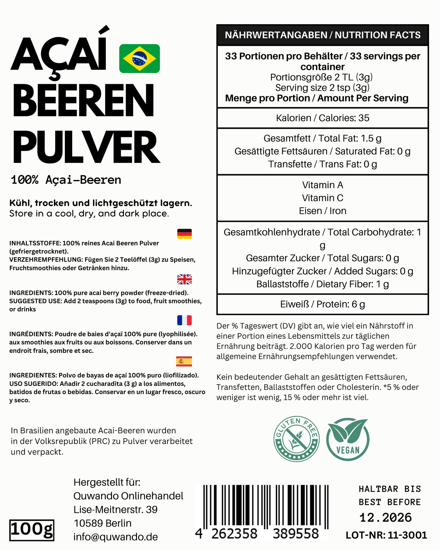 Acai Beeren Pulver, 100g