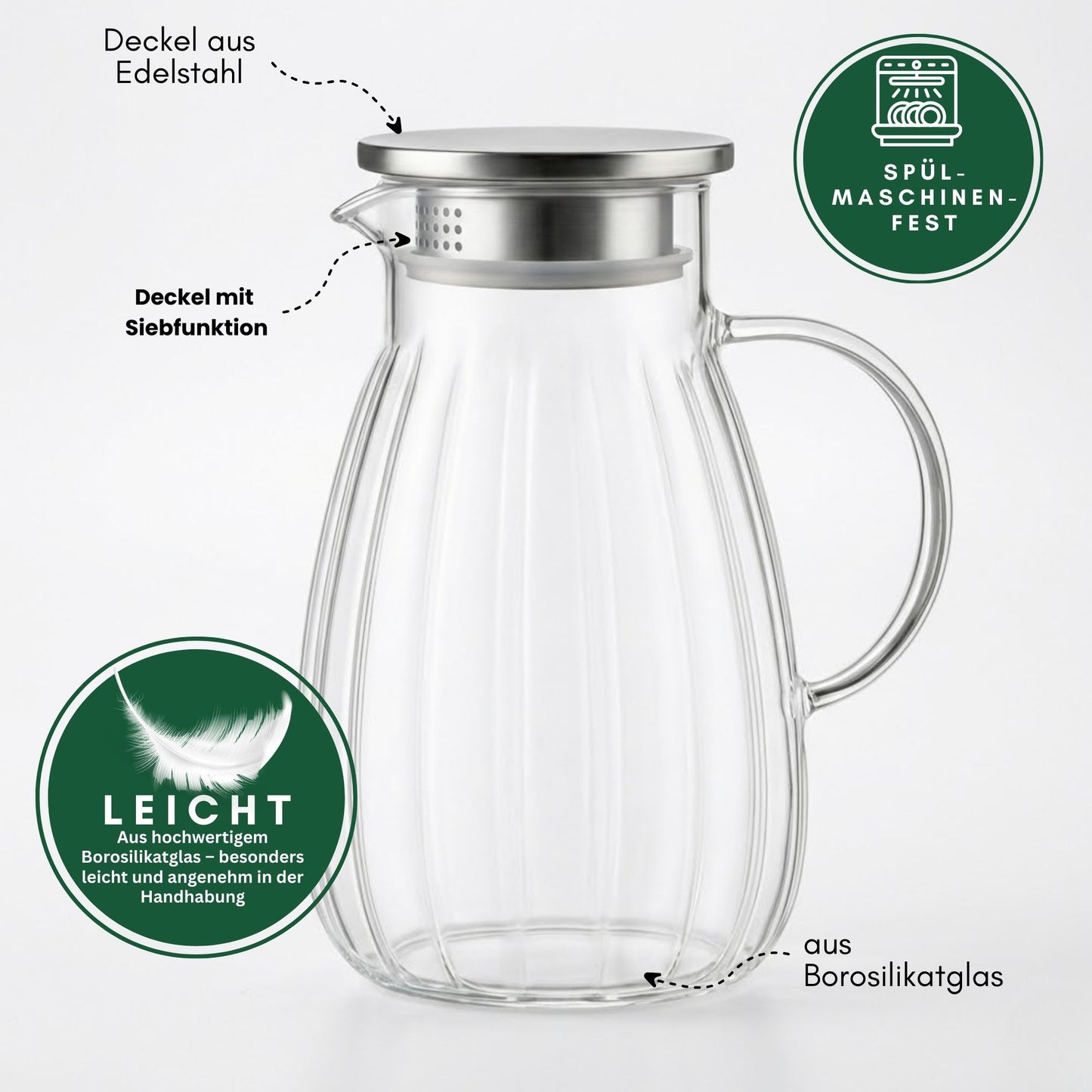 Aqua Glaskaraffe 1,8L aus Borosilikatglas mit Edelstahl-Deckel & Filter – Wasserkaraffe, Wasserkrug, Weinkaraffe, Hitzebeständig