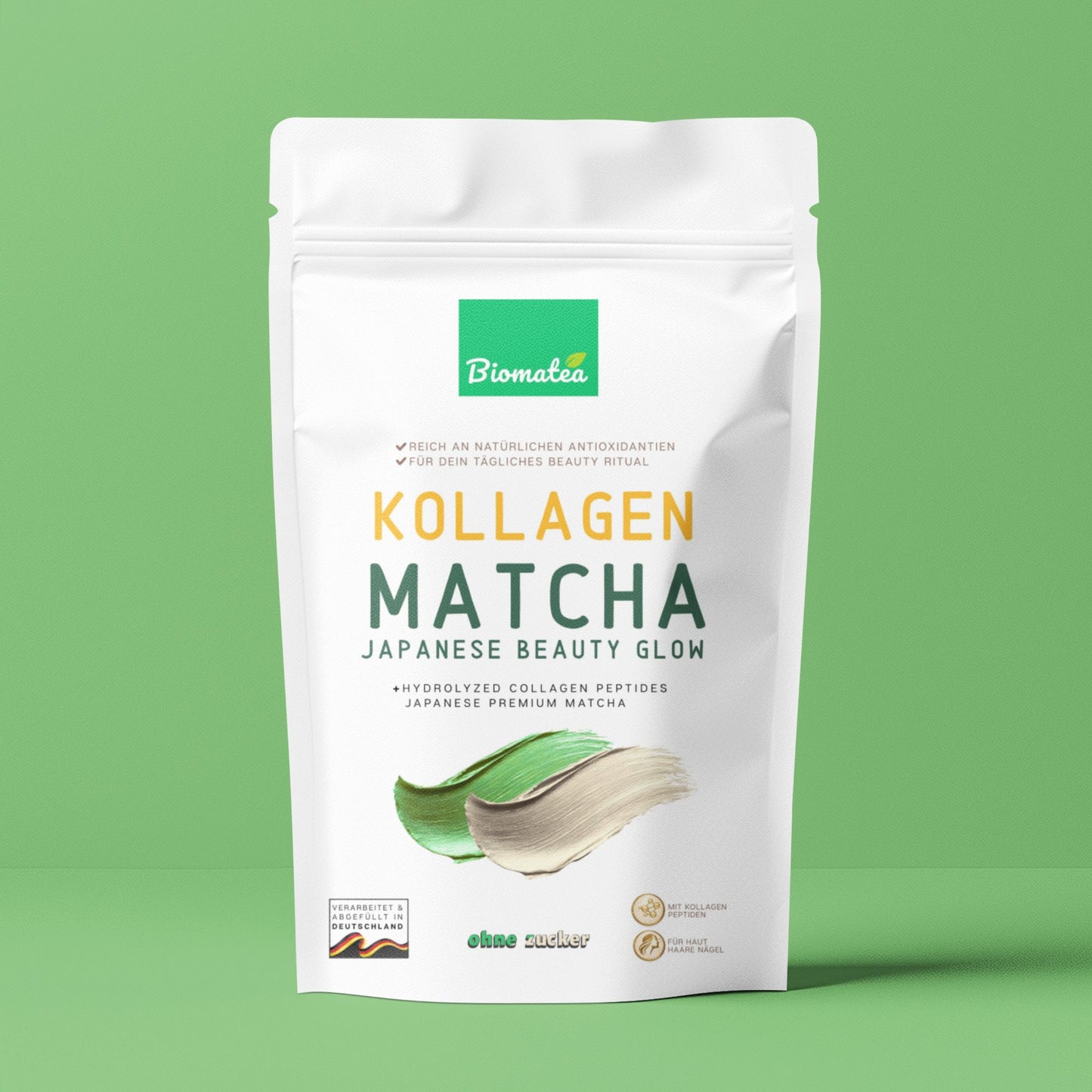 Biomatea Ceremonial Matcha Collagen Latte Pulver 150g 33% Japanischer Matcha und 58% Kollagen Hydrolysat Klumpfrei und leicht löslich, ohne Zuckerzusatz