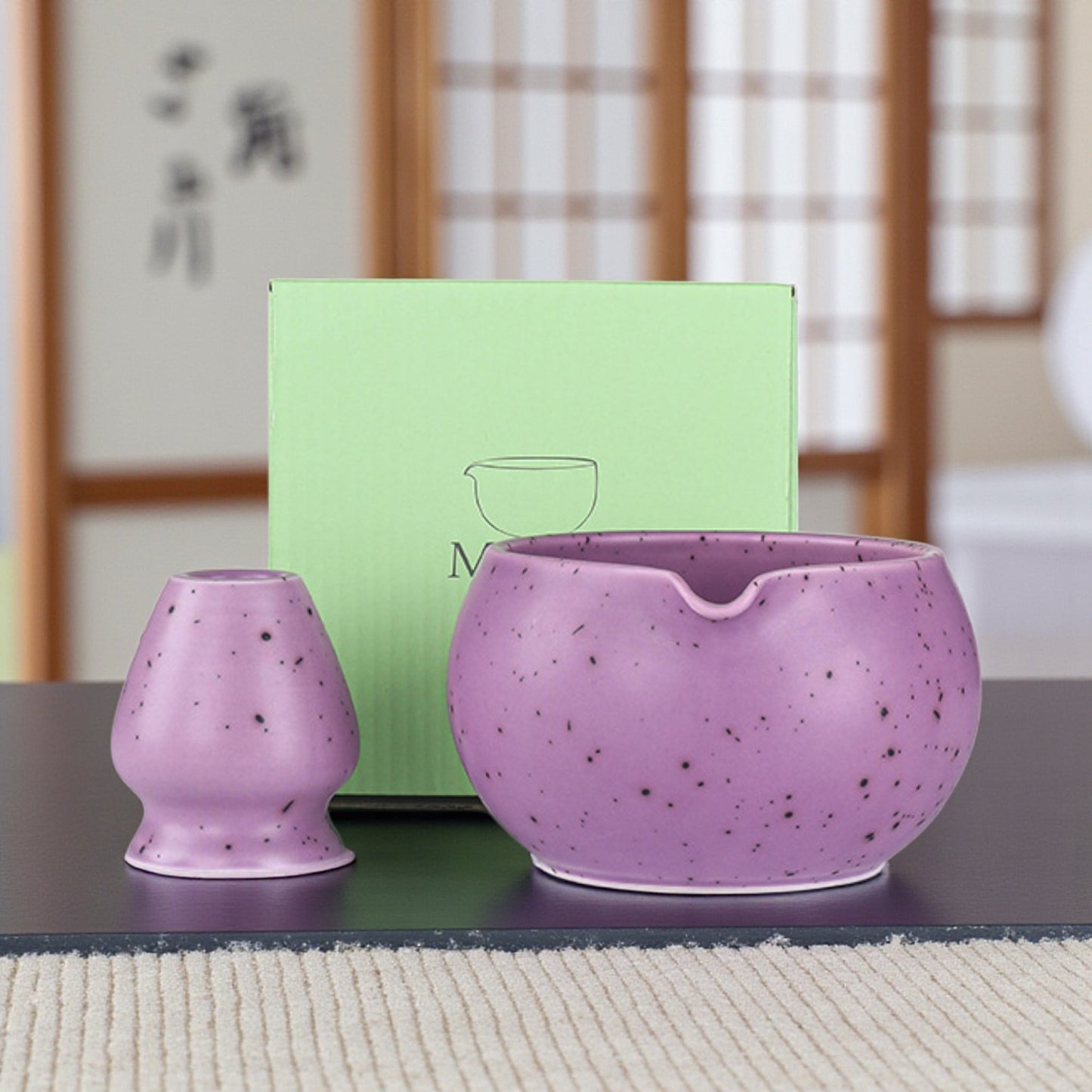 2-teiliges Keramik Matcha Schalen Set Basic | Matcha Schale (500 ml) & Bambusbesen Chasen-Halter, Lila