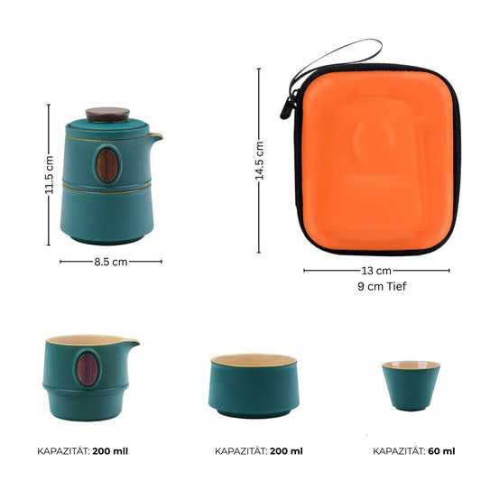 Chinesisches Kung Fu Tee-Set – Stapelbares Reise-Teeset aus Porzellan mit 2 Tassen, Kanne, Filter & Tasche