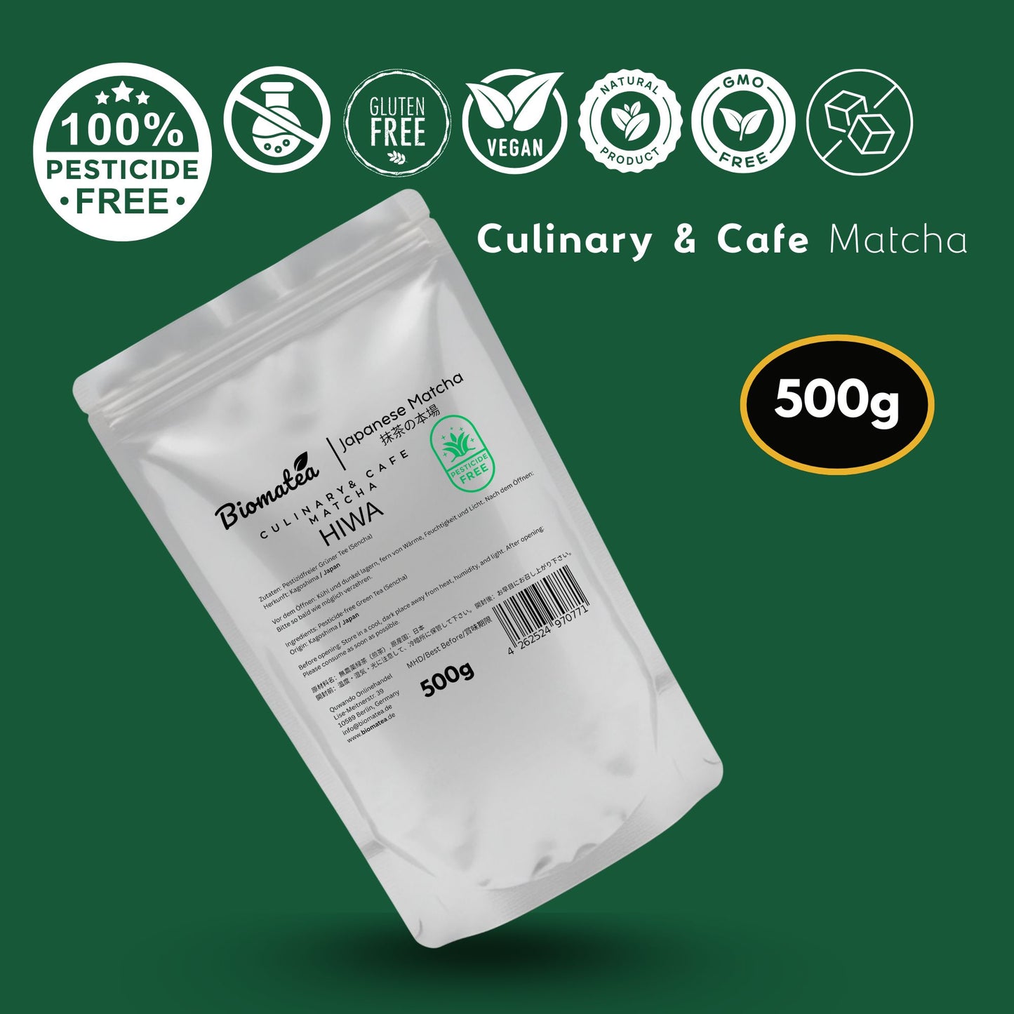 500g Vorratspack Premium Cafe Qualität Matcha Pulver aus Kagoshima Japan, Pestizidfrei Culinary Matcha-Tee