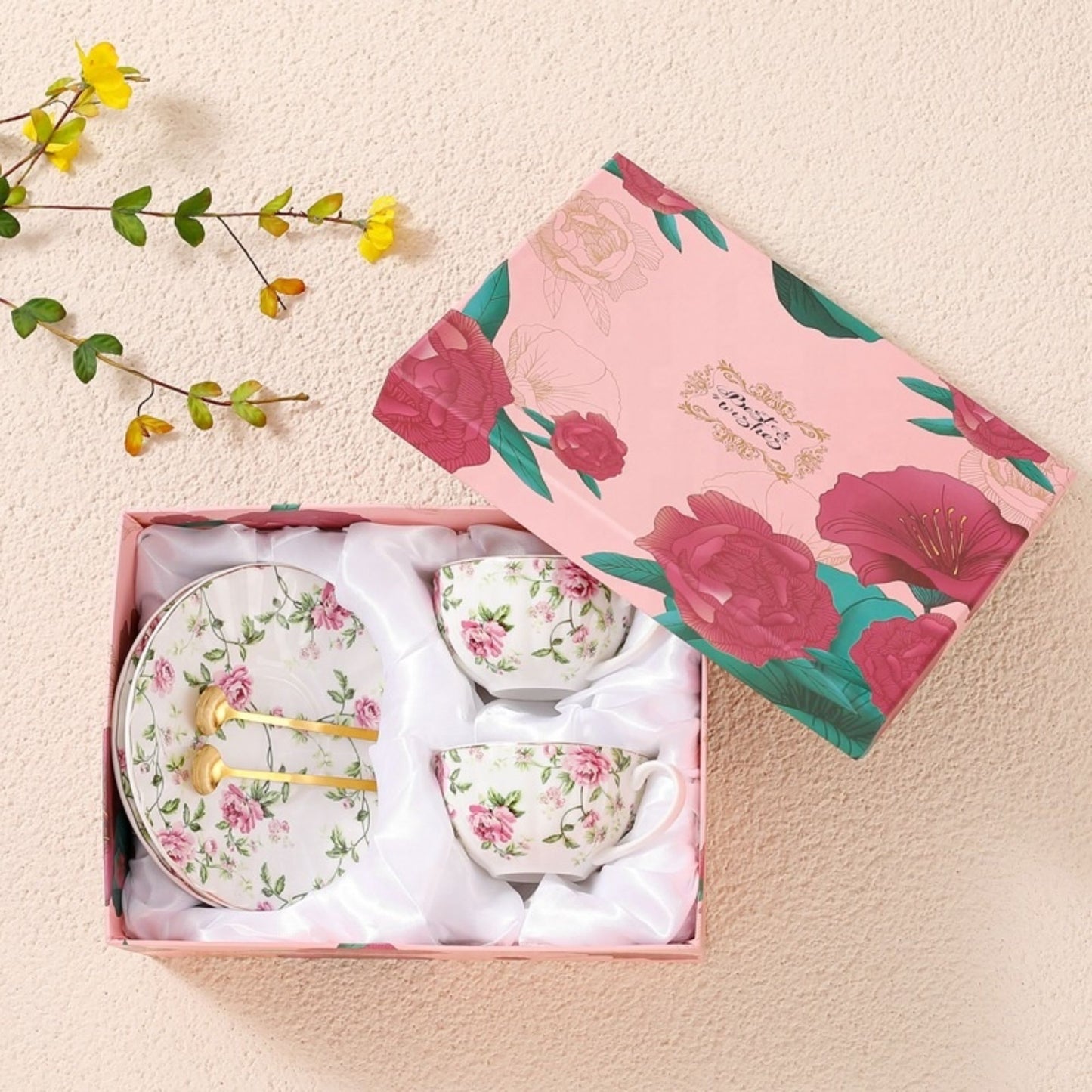 Teetassen Set 2er – Vintage Floral Blumen Porzellan Tassen & Untertassen mit Löffel, 200 ml