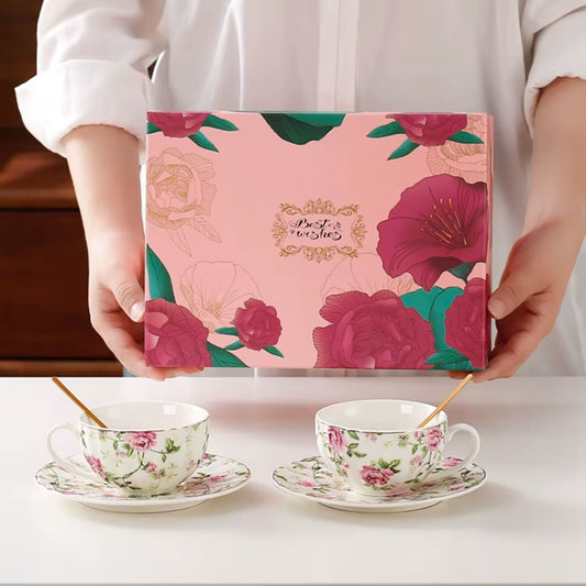 Teetassen Set 2er – Vintage Floral Blumen Porzellan Tassen & Untertassen mit Löffel, 200 ml