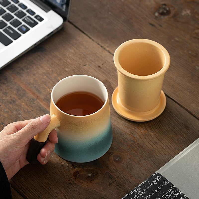 Keramik Teetasse mit Holzgriff | 360 ml Ozean-Design Becher | mit Keramik Teesieb & Deckel