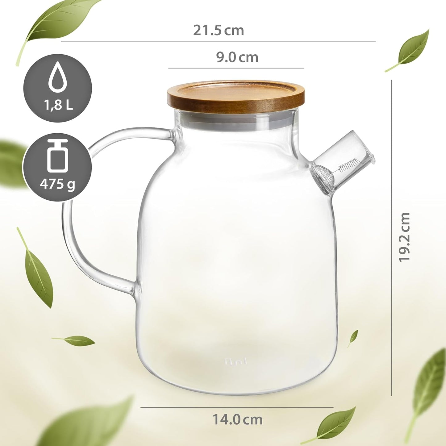 Glas Teekanne mit Siebeinsatz & Holzdeckel 1800ml