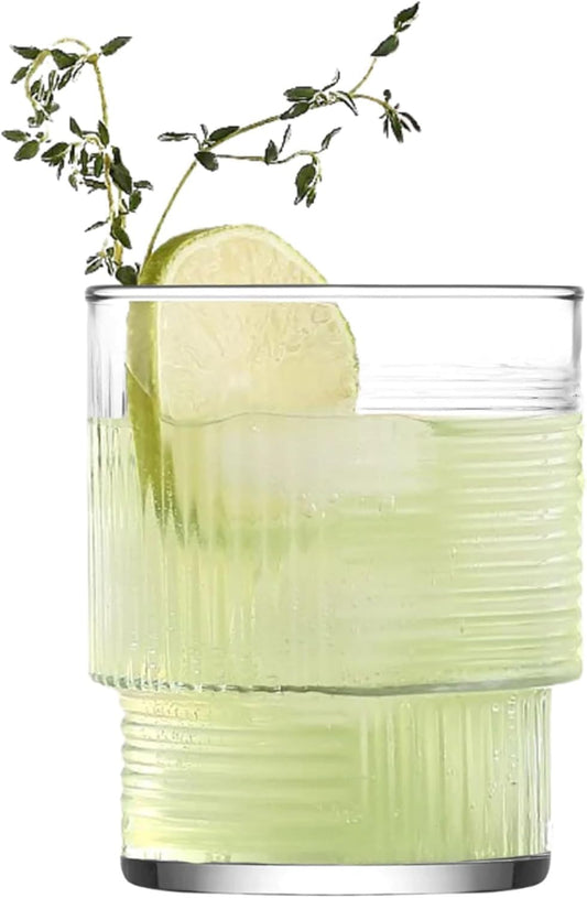 6 Stück Gläser Set | 325 ml Matcha-Gläser | Rippen-Glas mit geometrischem Muster | Glas für Matcha Smooties Wasser Softdrink, Trinkgläser, STAPELBAR