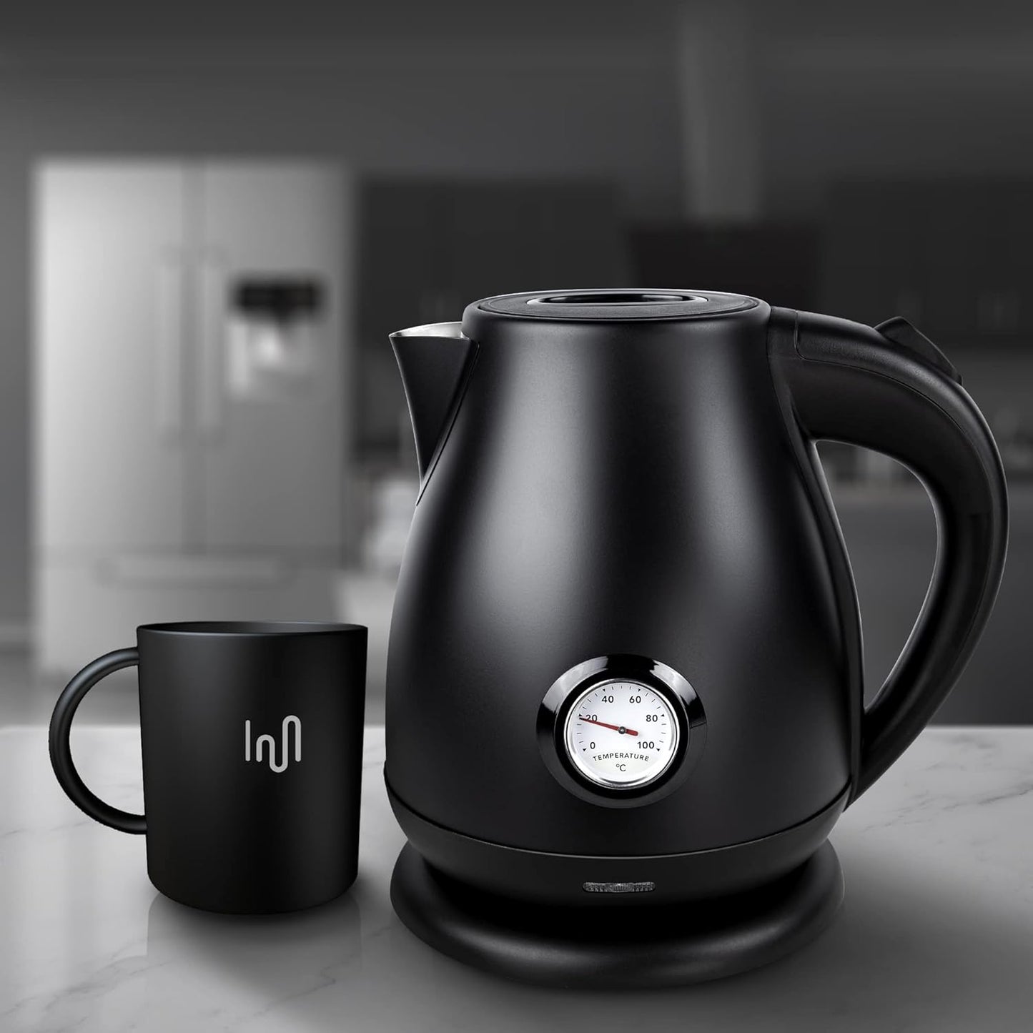 Retro Edelstahl Wasserkocher 1,7 L, Teekocher Retro Vintage, Wasserkessel Matt Schwarz