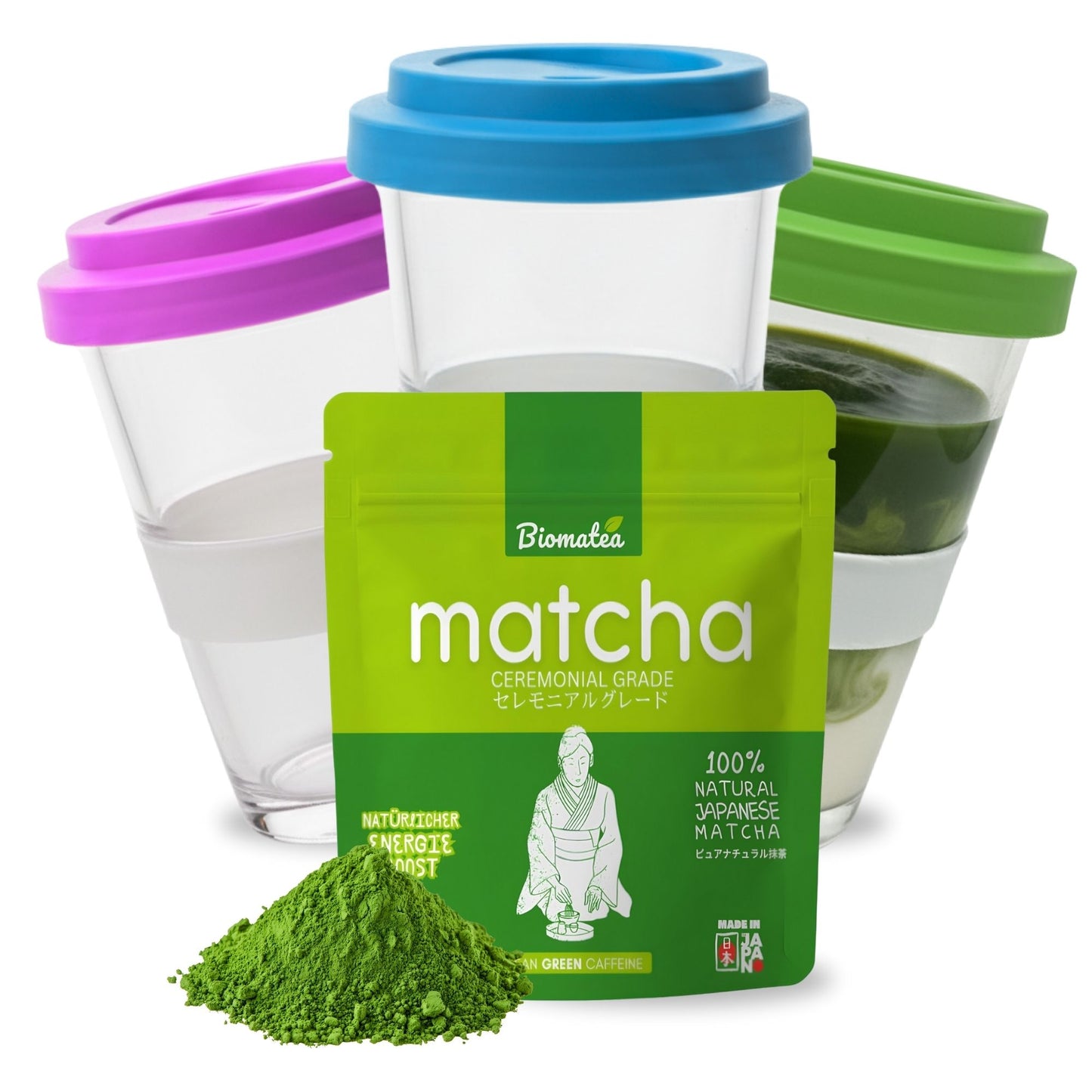 Swiss made Matcha 2 go Glas-Becher mit 50g ceremonial Matcha Pulver aus Kagoshima Japan