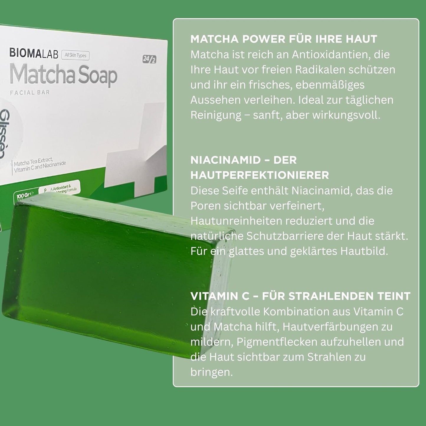 Matcha Gesichtsseife – mit Vitamin C & Niacinamid – Für klare, strahlende Haut – Vegane Pflege für alle Hauttypen – 100g