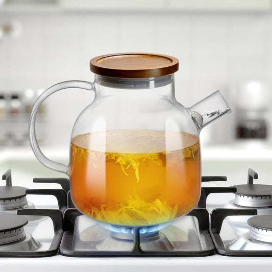 Glas Teekanne mit Siebeinsatz & Holzdeckel 1400ml