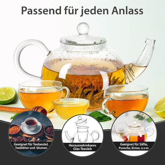 Glas Teekanne mit Teesieb & Glasfilter 900ml