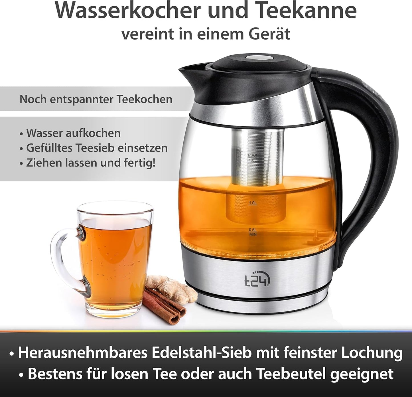 Glas Wasserkocher 1.8L mit abnehmbares Teesieb Temperatureinstellung