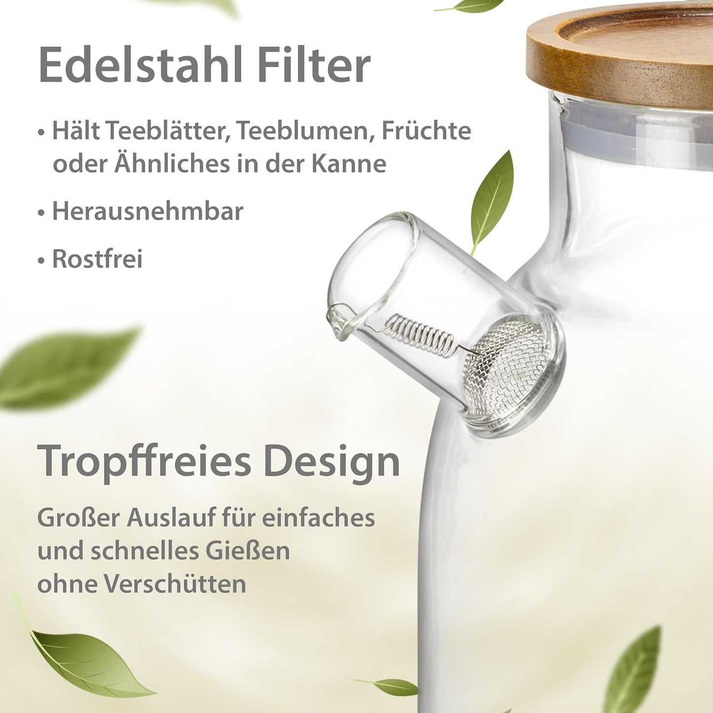 Glas Teekanne mit Siebeinsatz & Holzdeckel 1800ml