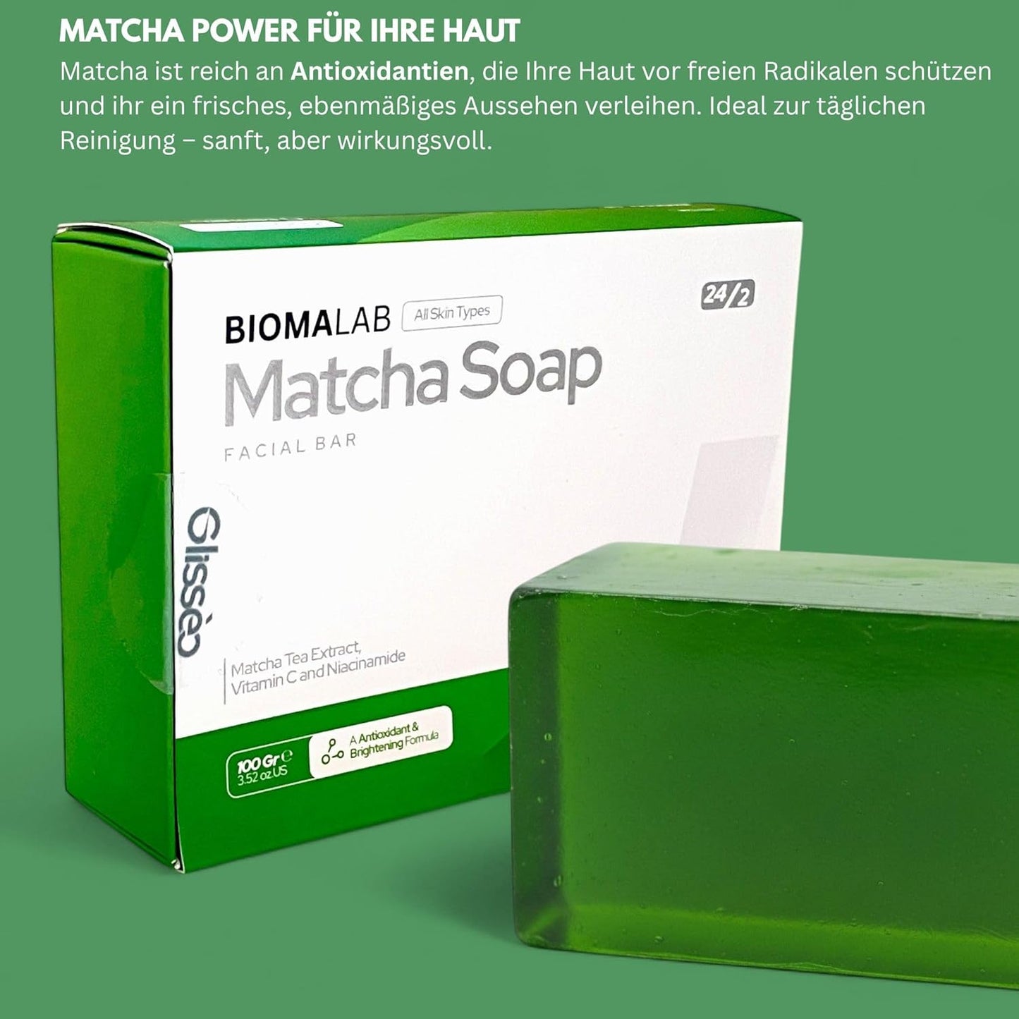Matcha Gesichtsseife – mit Vitamin C & Niacinamid – Für klare, strahlende Haut – Vegane Pflege für alle Hauttypen – 100g