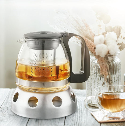 Glas Teekanne aus Glas mit Stövchen + Siebaufsatz, Hitzebeständig, herausnehmbaren Edelstahl Filter Sieb