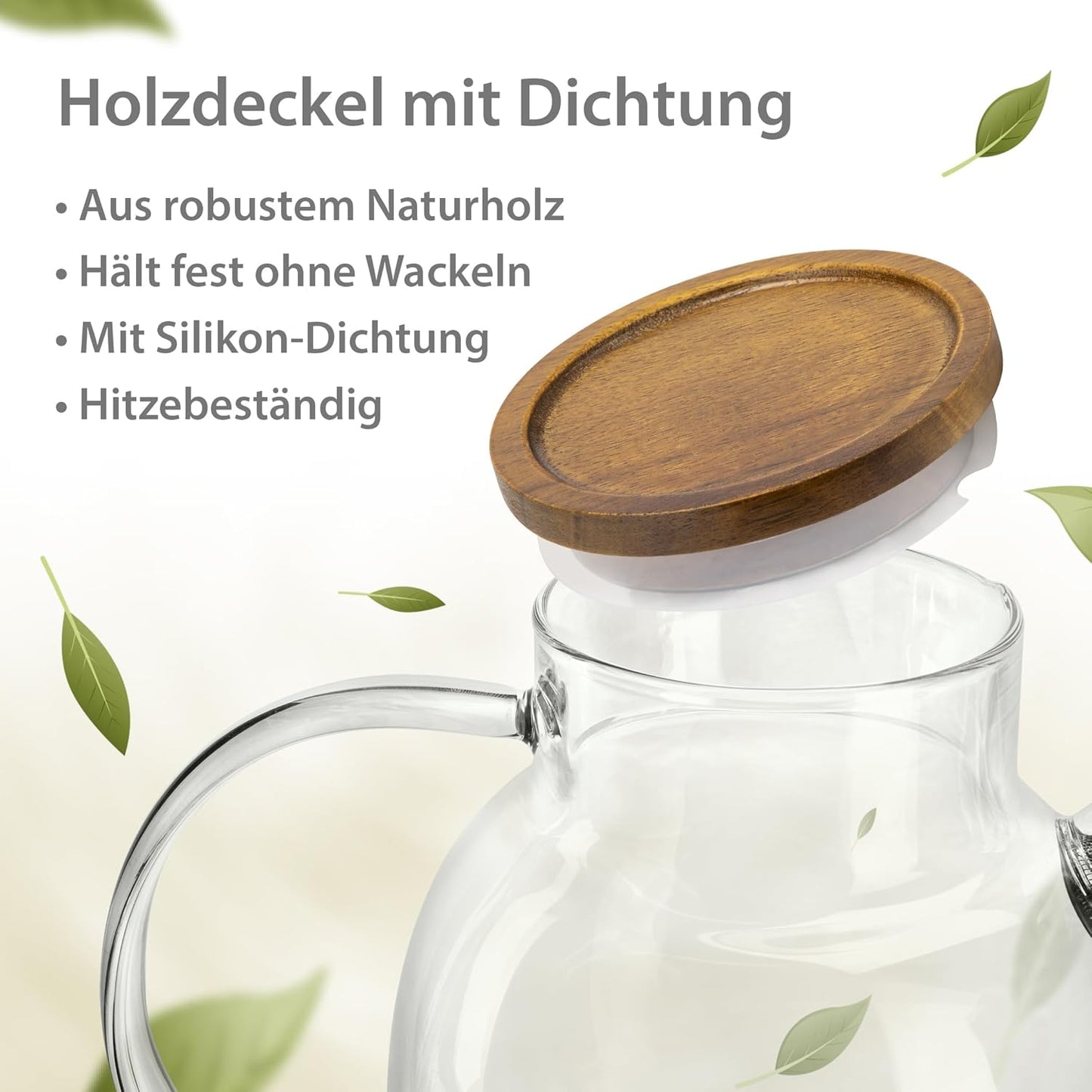 Glas Teekanne mit Siebeinsatz & Holzdeckel 1800ml