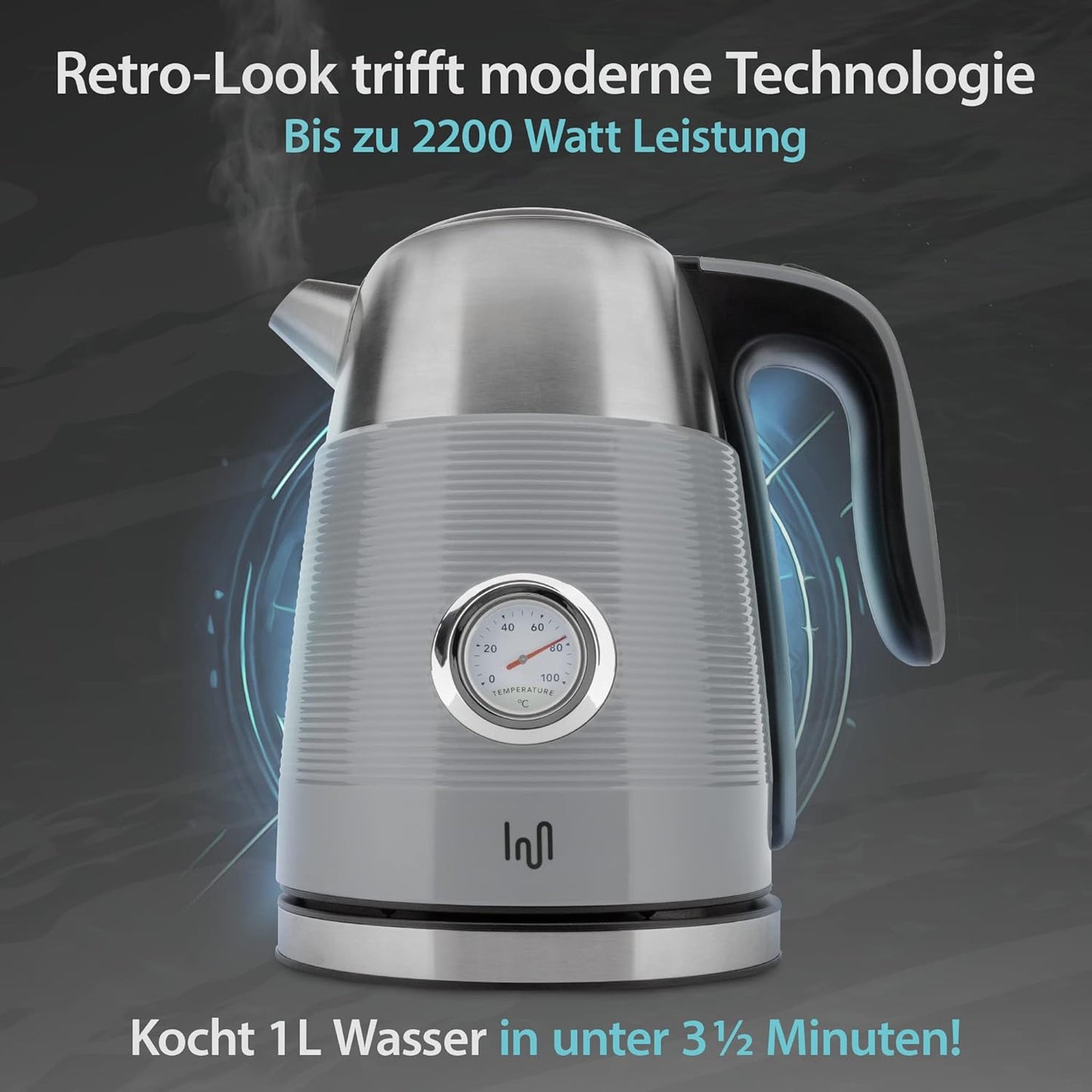 Retro Edelstahl Wasserkocher 1.7L mit Analogen Thermometer