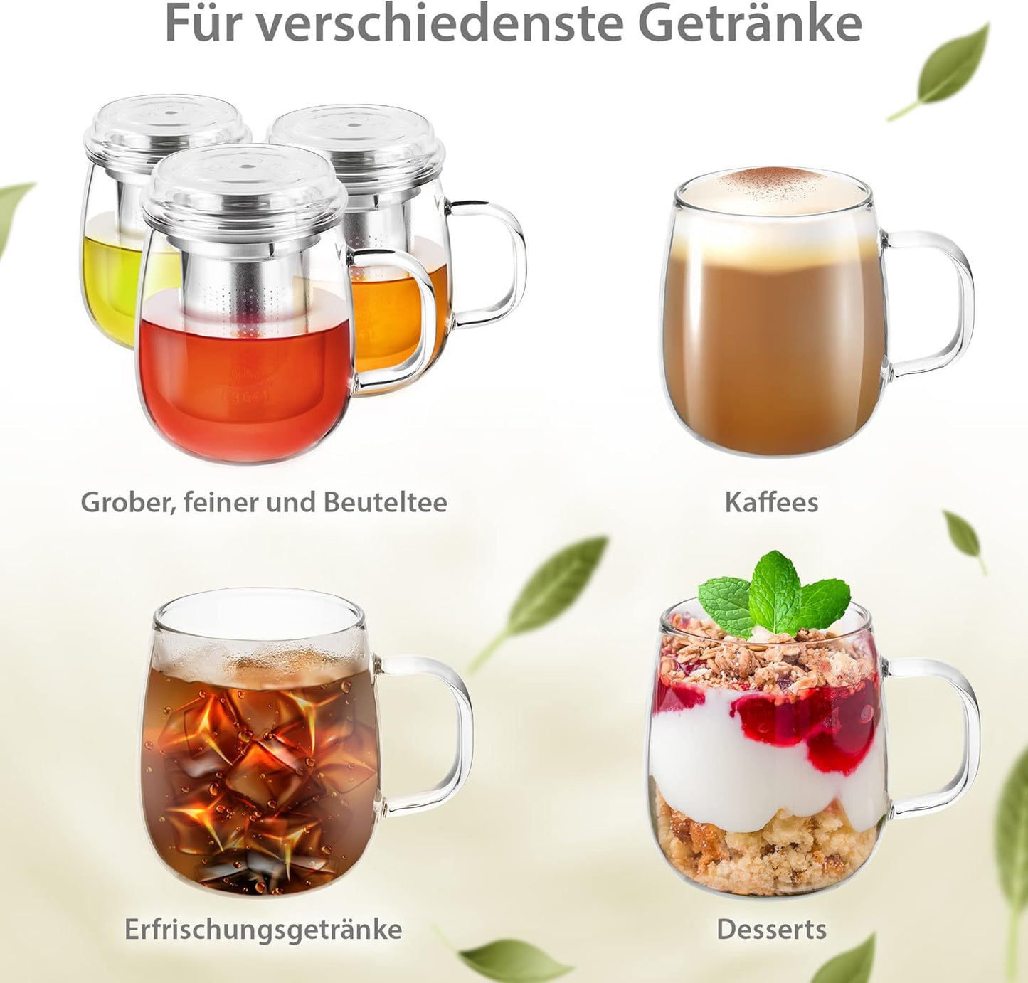 2-teiliges Teeglas mit Edelstahl-Sieb Set, 430 ml