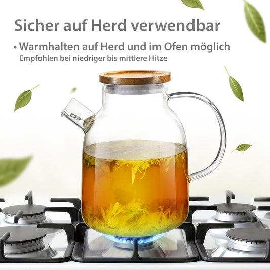 Glas Teekanne mit Siebeinsatz & Holzdeckel 1800ml