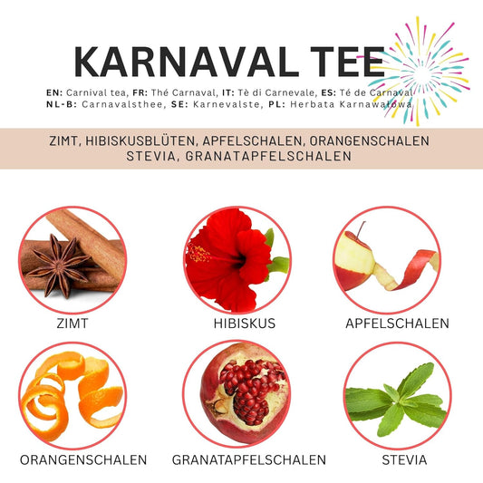 Karnaval Früchte Tee, fruchtig und säuerlich, Hibiskusblüten, Zimt, Apfel- und Orangenschalen, Granatapfelschalen & Stevia, 150g