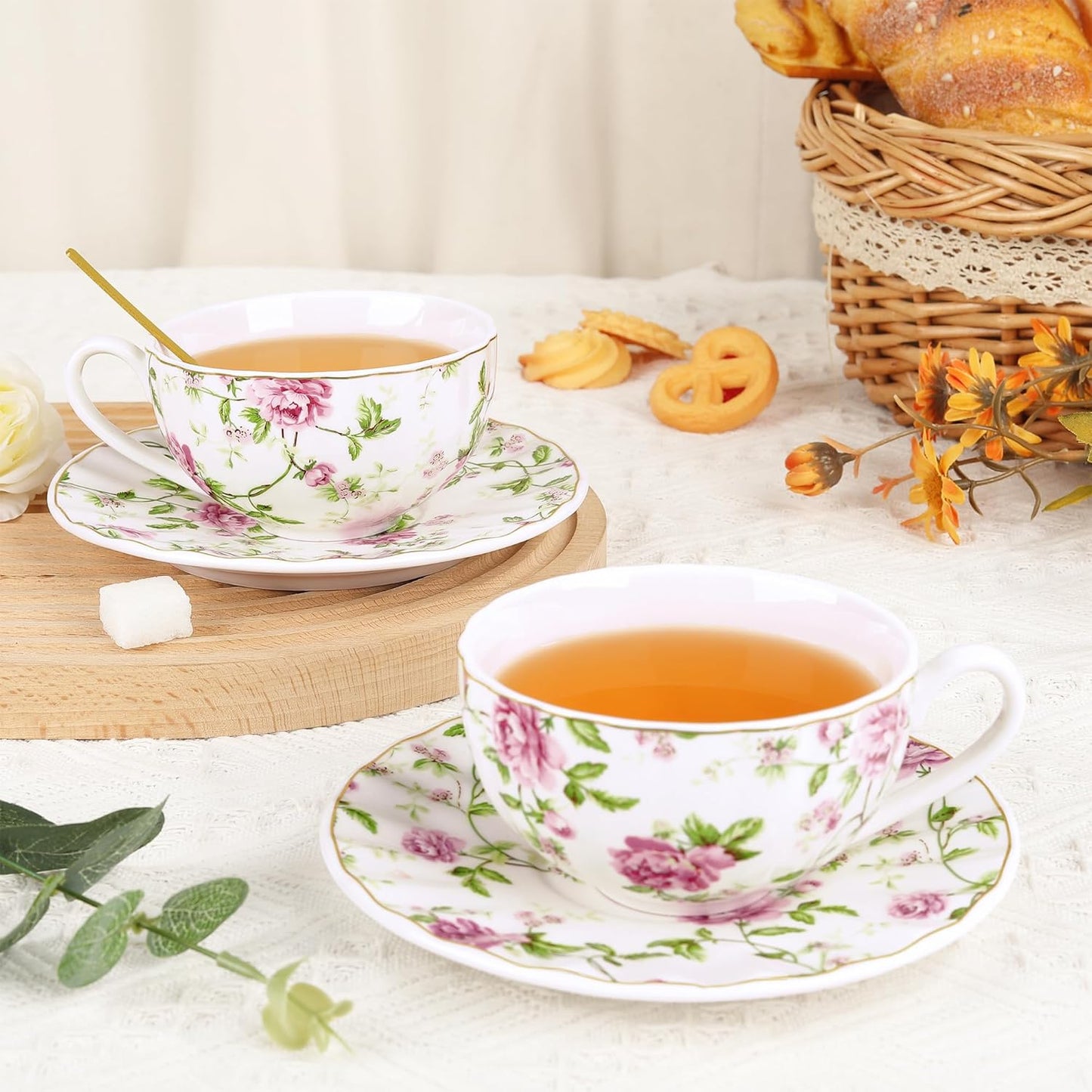 Teetassen Set 2er – Vintage Floral Blumen Porzellan Tassen & Untertassen mit Löffel, 200 ml
