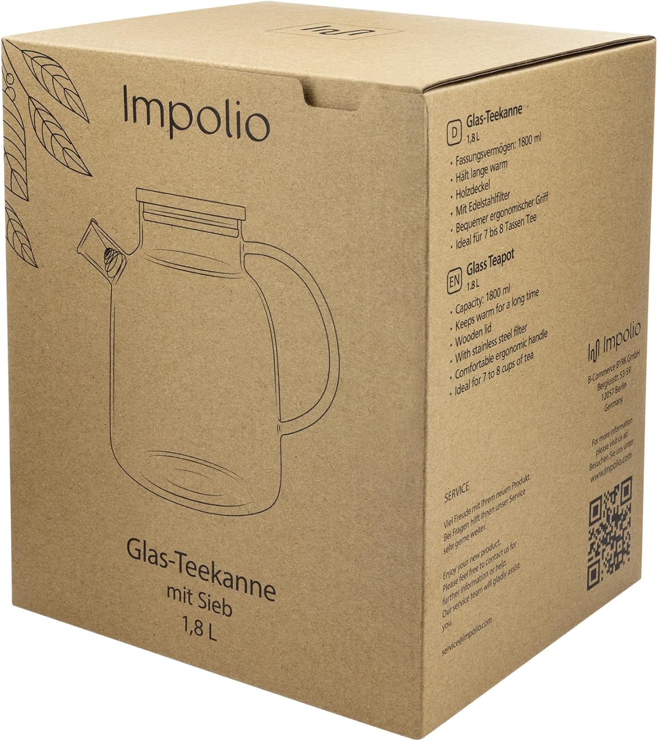 Glas Teekanne mit Siebeinsatz & Holzdeckel 1800ml