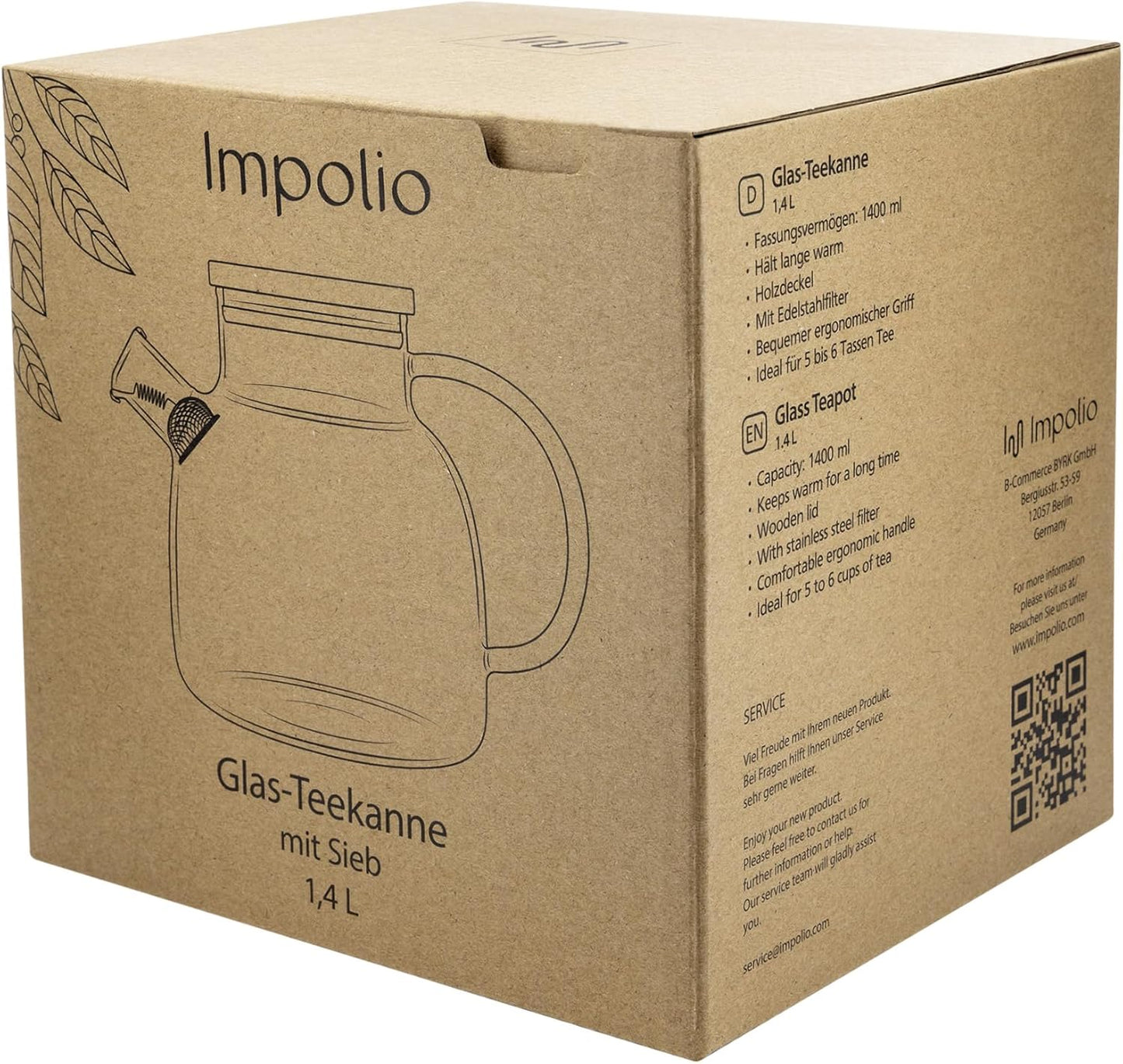 Glas Teekanne mit Siebeinsatz & Holzdeckel 1400ml