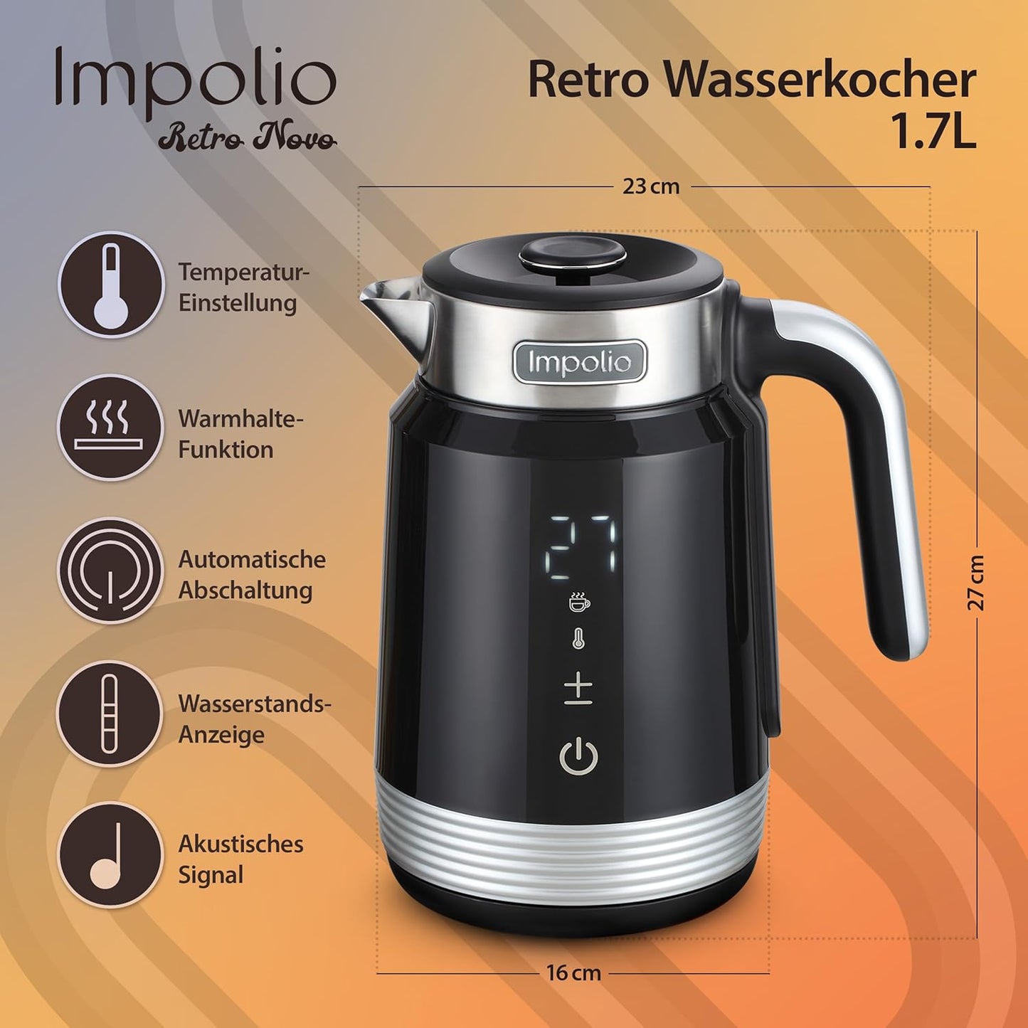 Retro Novo Wasserkocher Doppelwandig Edelstahl 1.7 Liter, 2200W, Schwarz-Silber