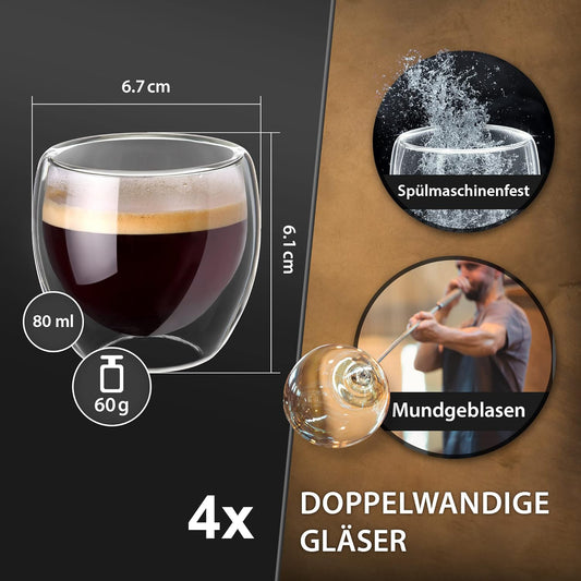4x 80ml doppelwandige Espresso-Gläser, Tee Gläser mit Schwebeeffekt