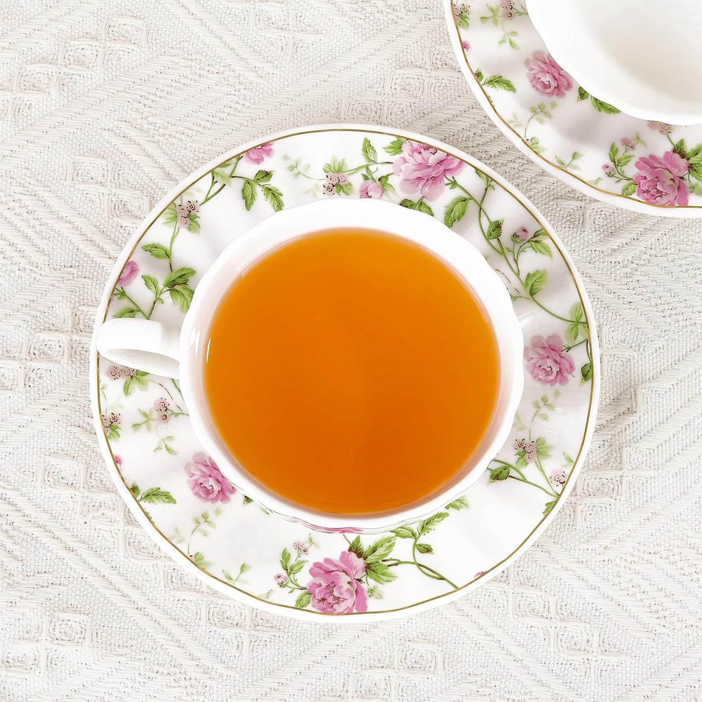Teetassen Set 2er – Vintage Floral Blumen Porzellan Tassen & Untertassen mit Löffel, 200 ml