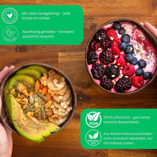 Kokosnuss 4tlg. Schalen Set – 2 Bowl Schüssel + 2 Löffel – Handgefertigt