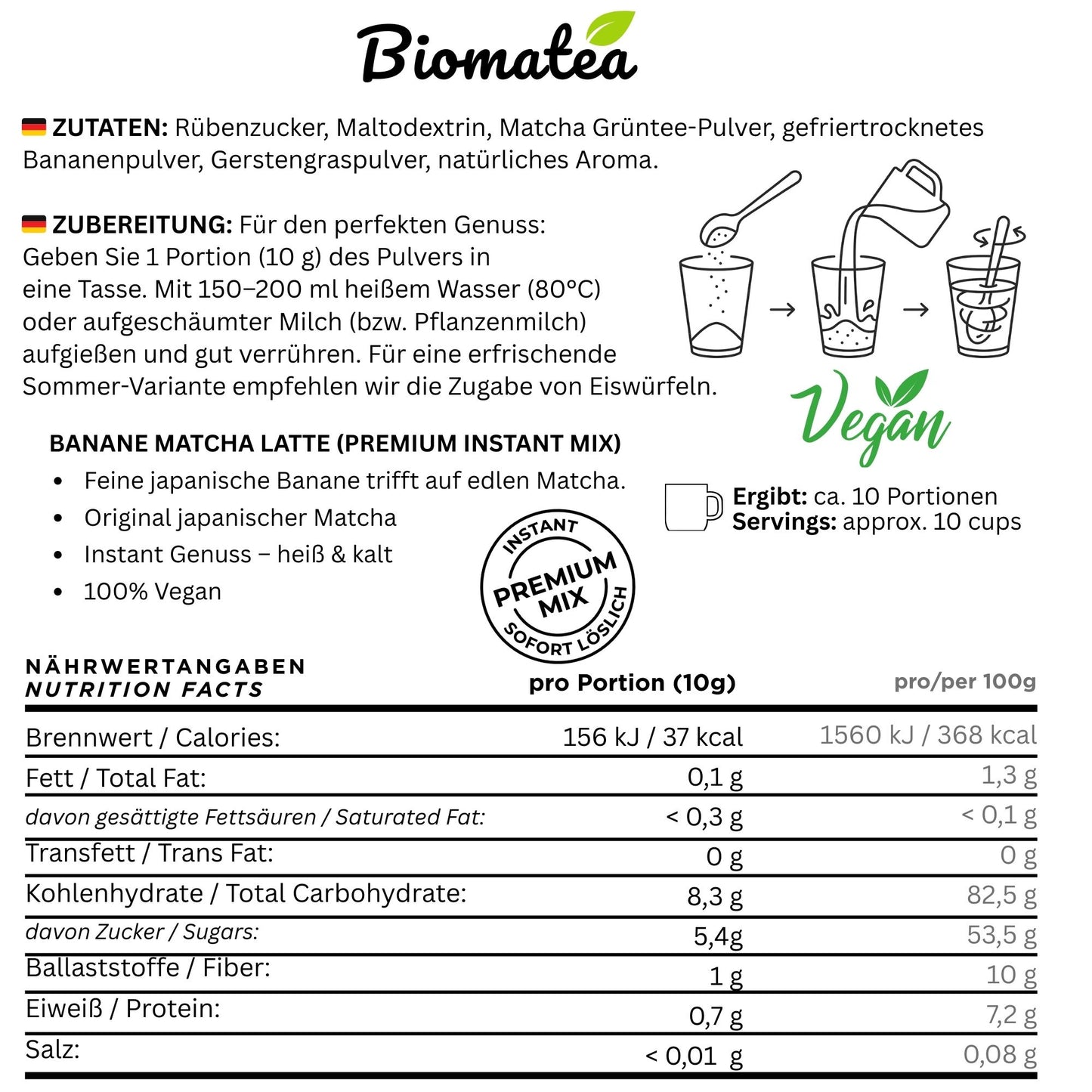 Japanischer Matcha Pulver mit Bananen Pulver, gesüßt – 100g – Sofort löslich in Wasser oder Milch, trinkfertig