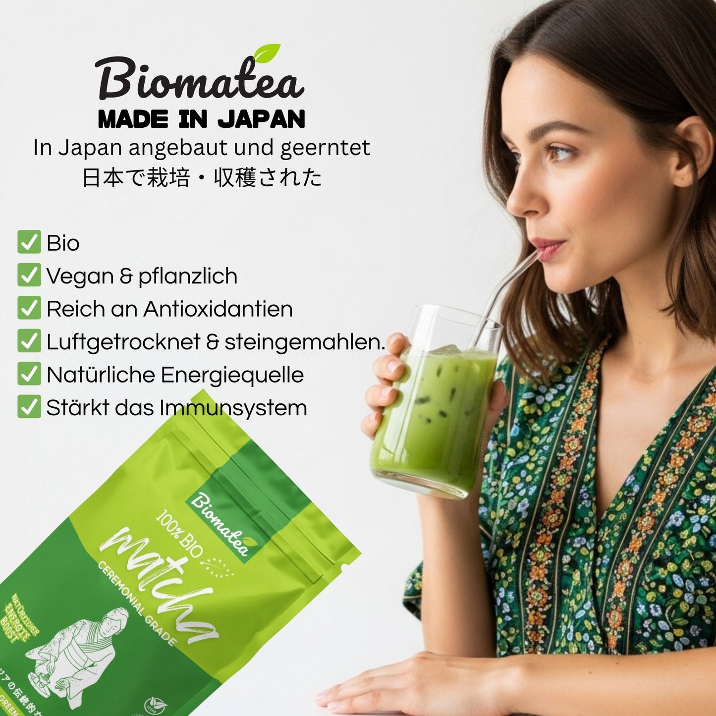 Biomatea 100g Bio Matcha Tee Pulver, Ceremonial aus Japan, single Origin, Premium Qualität