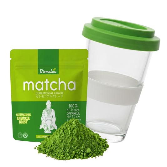 Swiss made Matcha 2 go Glas-Becher mit 50g ceremonial Matcha Pulver aus Kagoshima Japan