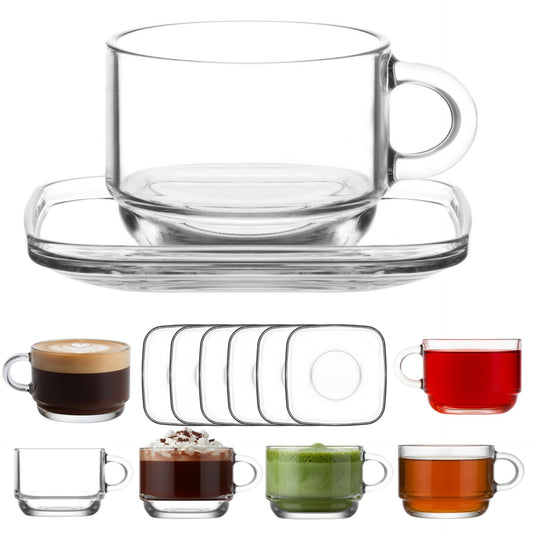 Cozy Glas Tassen Set 12-teilig – 6 Glas-Tassen mit Henkel (270 ml) + 6 Glas-Untertassen – Stapelbar