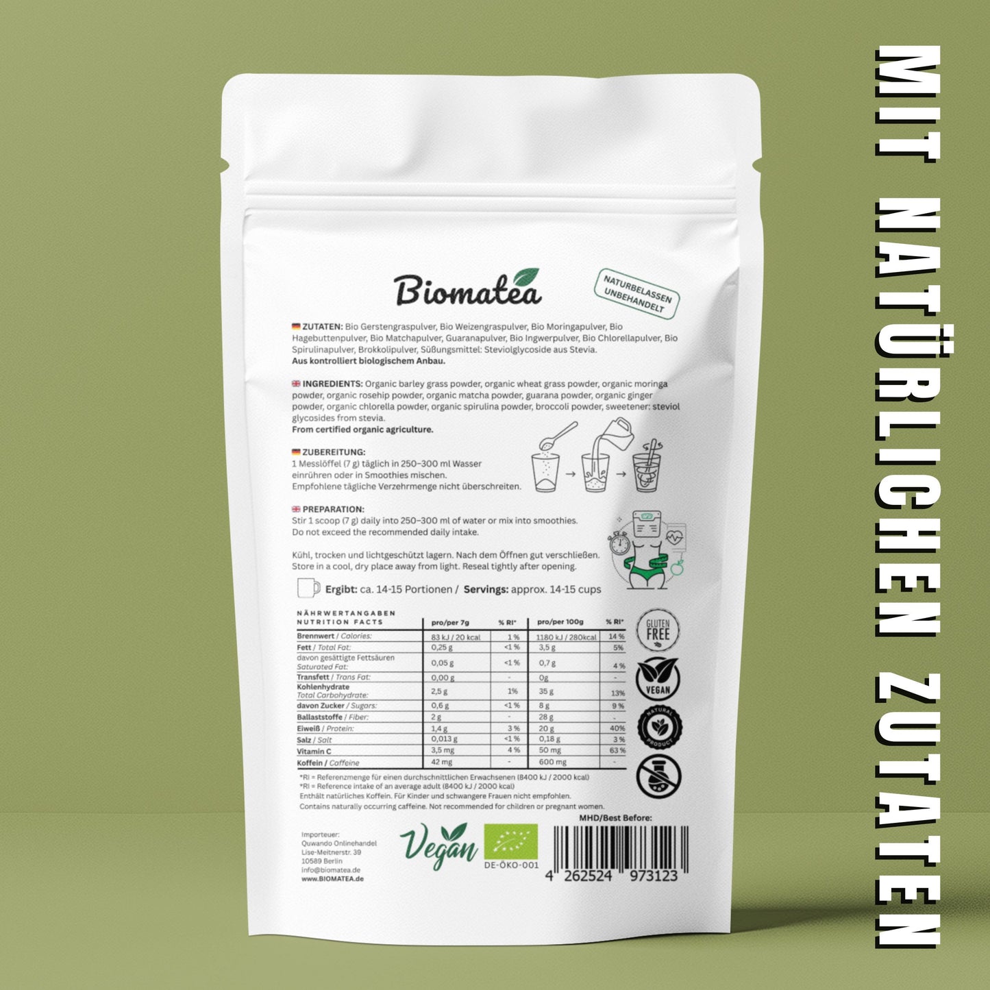 Bio Supergreen Energy – Grünes Superfood Pulver mit natürlichem Koffein für Sport, Energie, Fokus & aktive Tage – Vegan – 100 g