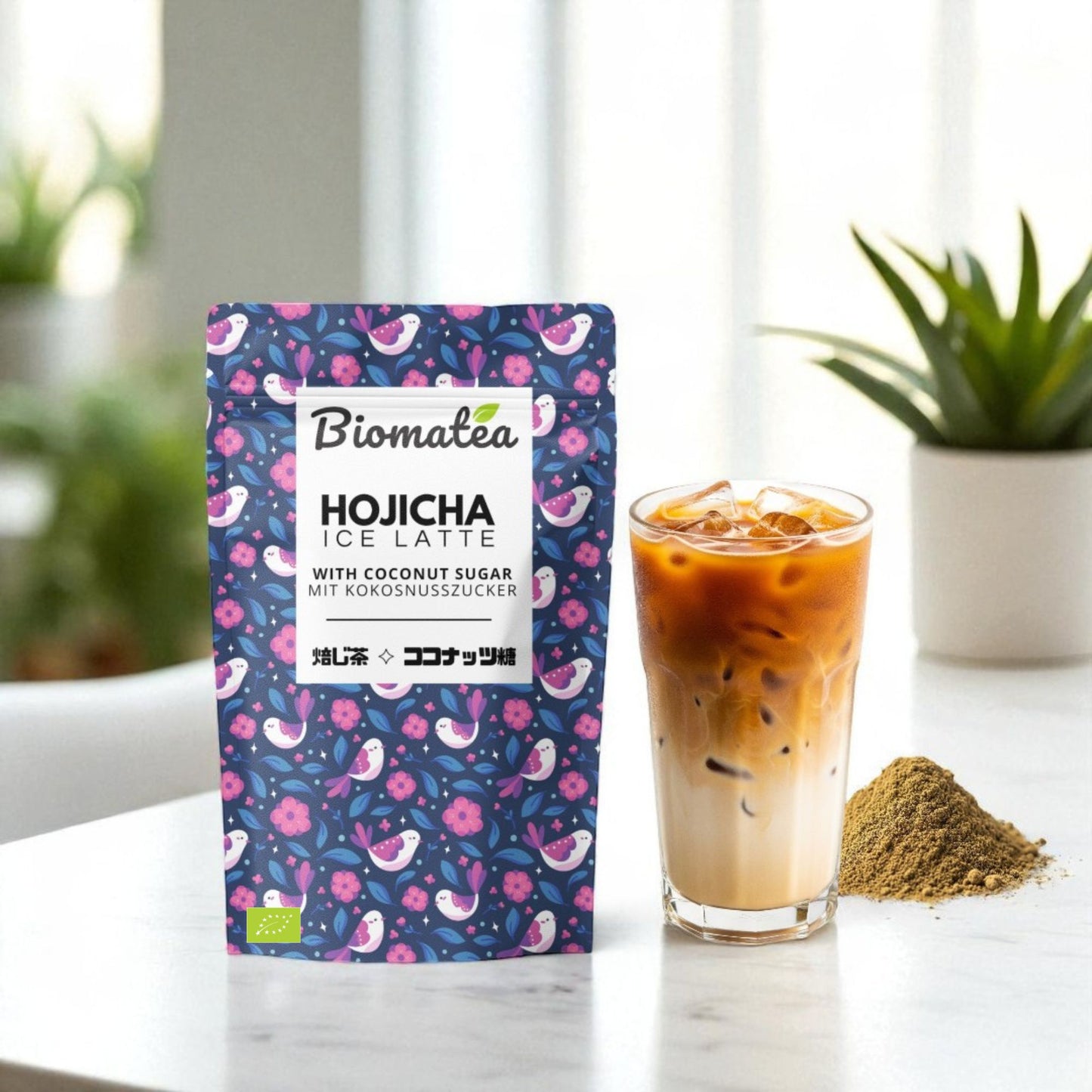 Bio Hojicha Latte Pulver aus Japan – Mit Kokosblütenzucker – 100g – Veganer Eistee oder Latte – Für heiße & kalte Zubereitung