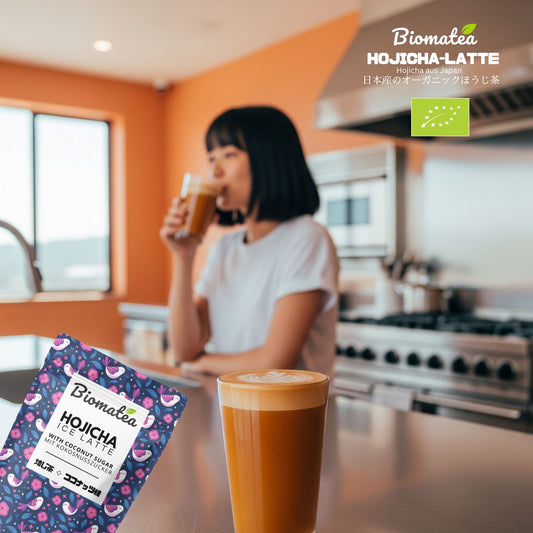 Bio Hojicha Latte Pulver aus Japan – Mit Kokosblütenzucker – 100g – Veganer Eistee oder Latte – Für heiße & kalte Zubereitung