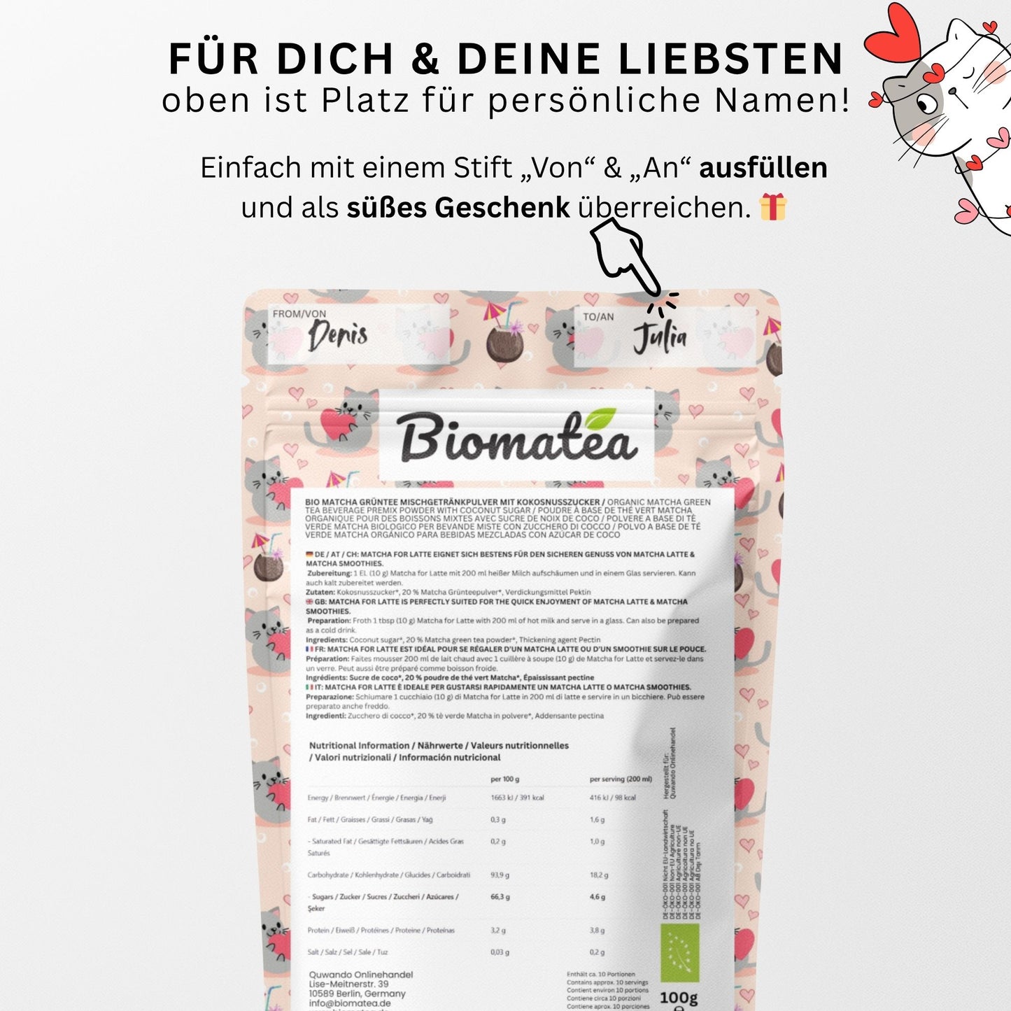 Biomatea 100g Bio Matcha Latte, aus Japan, Love edition, leicht gesüßt