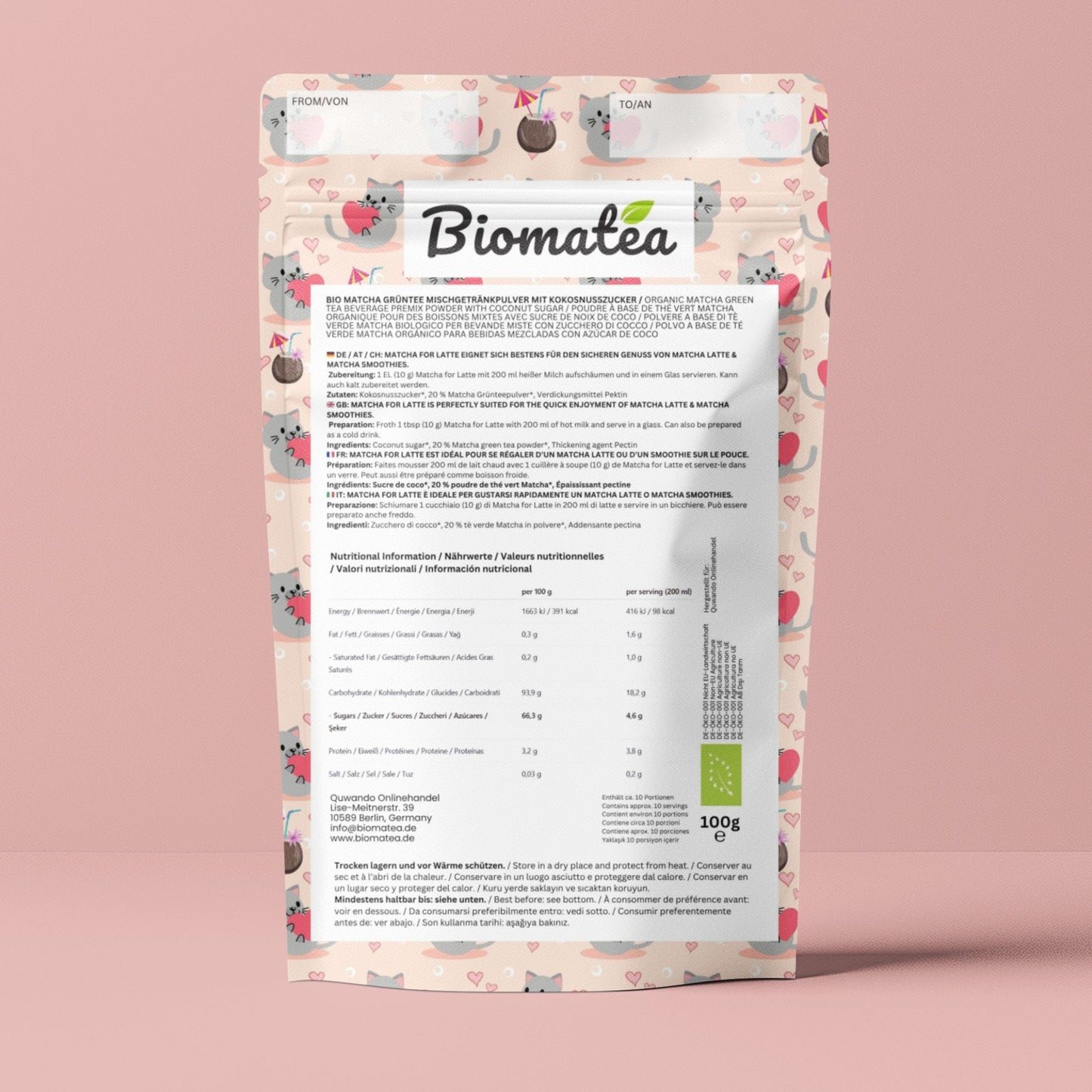 Biomatea 100g Bio Matcha Latte, aus Japan, Love edition, leicht gesüßt