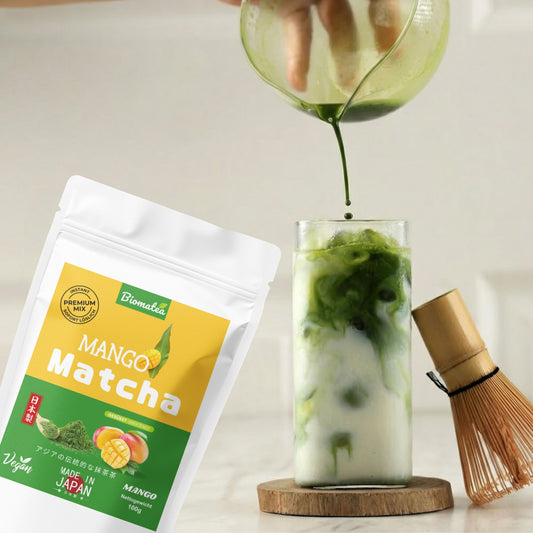 Japanischer Matcha Pulver mit Mango Pulver, gesüßt – 100g – Sofort löslich in Wasser oder Milch, trinkfertig