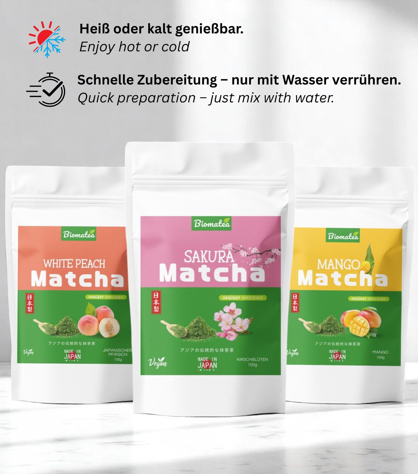 Biomatea Matcha mit Sakura & Mango & Pfirsich, aus Japan, mit Zucker, 100g