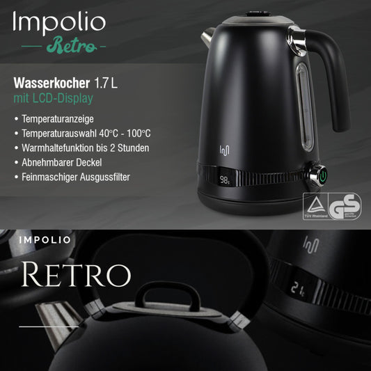 Edelstahl Retro Wasserkocher Vintage Design in Schwarz mit LCD digital Display , 1,7 Liter