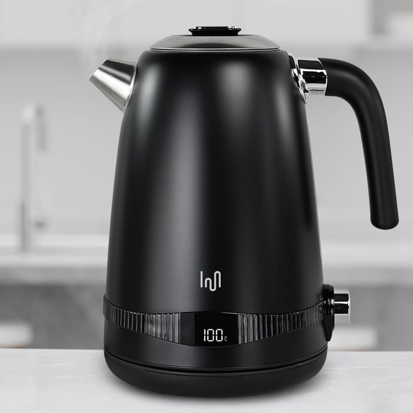 Edelstahl Retro Wasserkocher Vintage Design in Schwarz mit LCD digital Display , 1,7 Liter