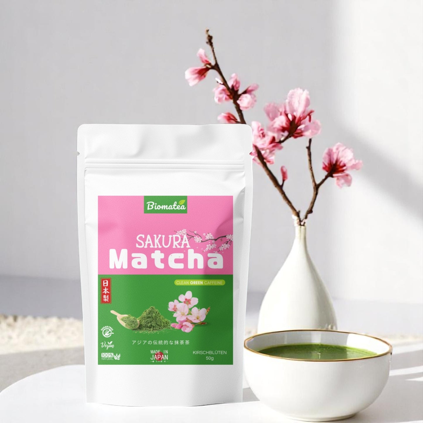 Biomatea Ceremonial Sakura Matcha, ohne Zucker, Matcha mit Kirschblüten, 50g