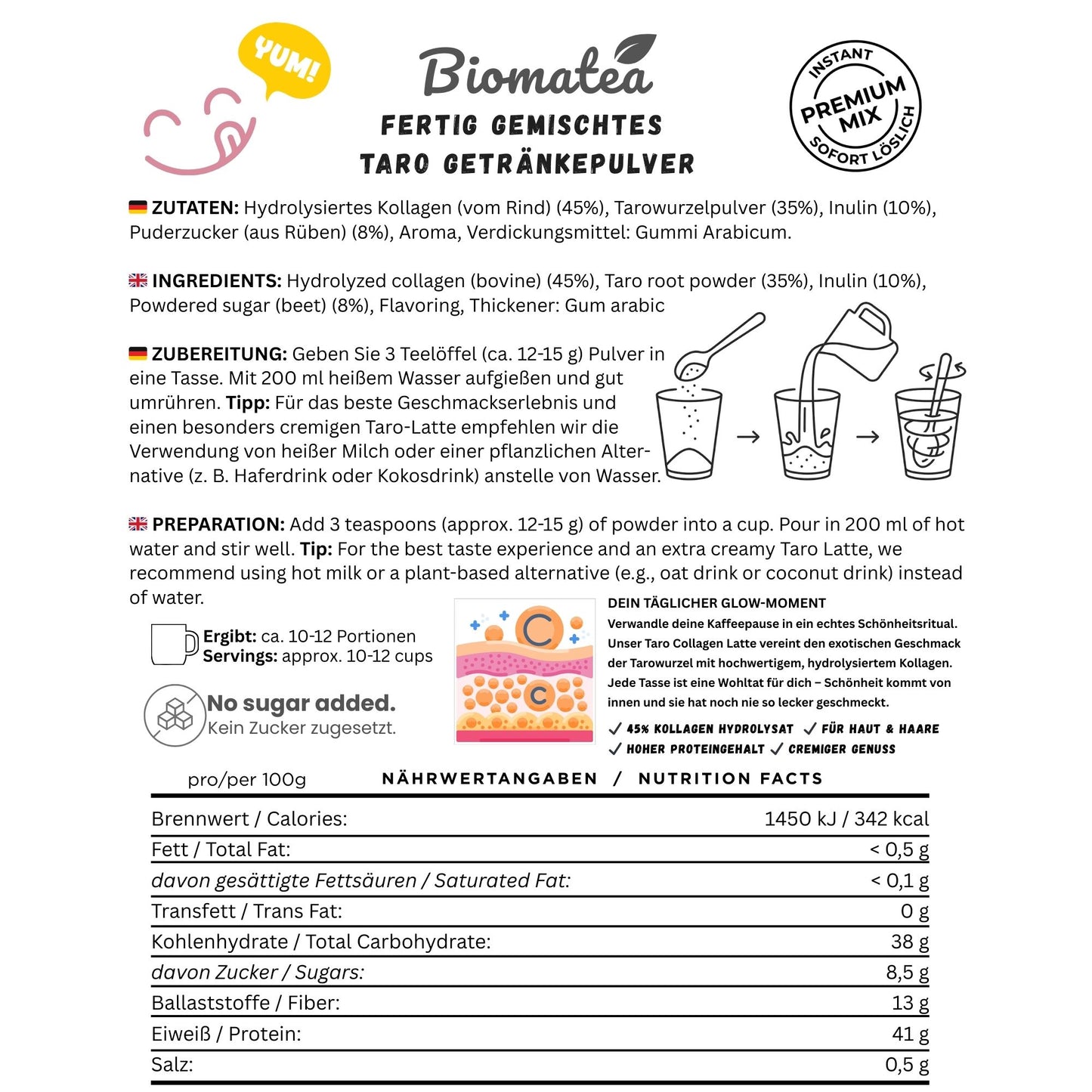 Biomatea Taro Kollagen Beauty Glow Mix – High Protein Latte für Haut & Haare, 150g